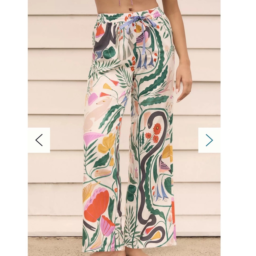 Megan Galante Anthropologie Botanical Animal Print Wide‎ Leg Pants XS Snake Bird